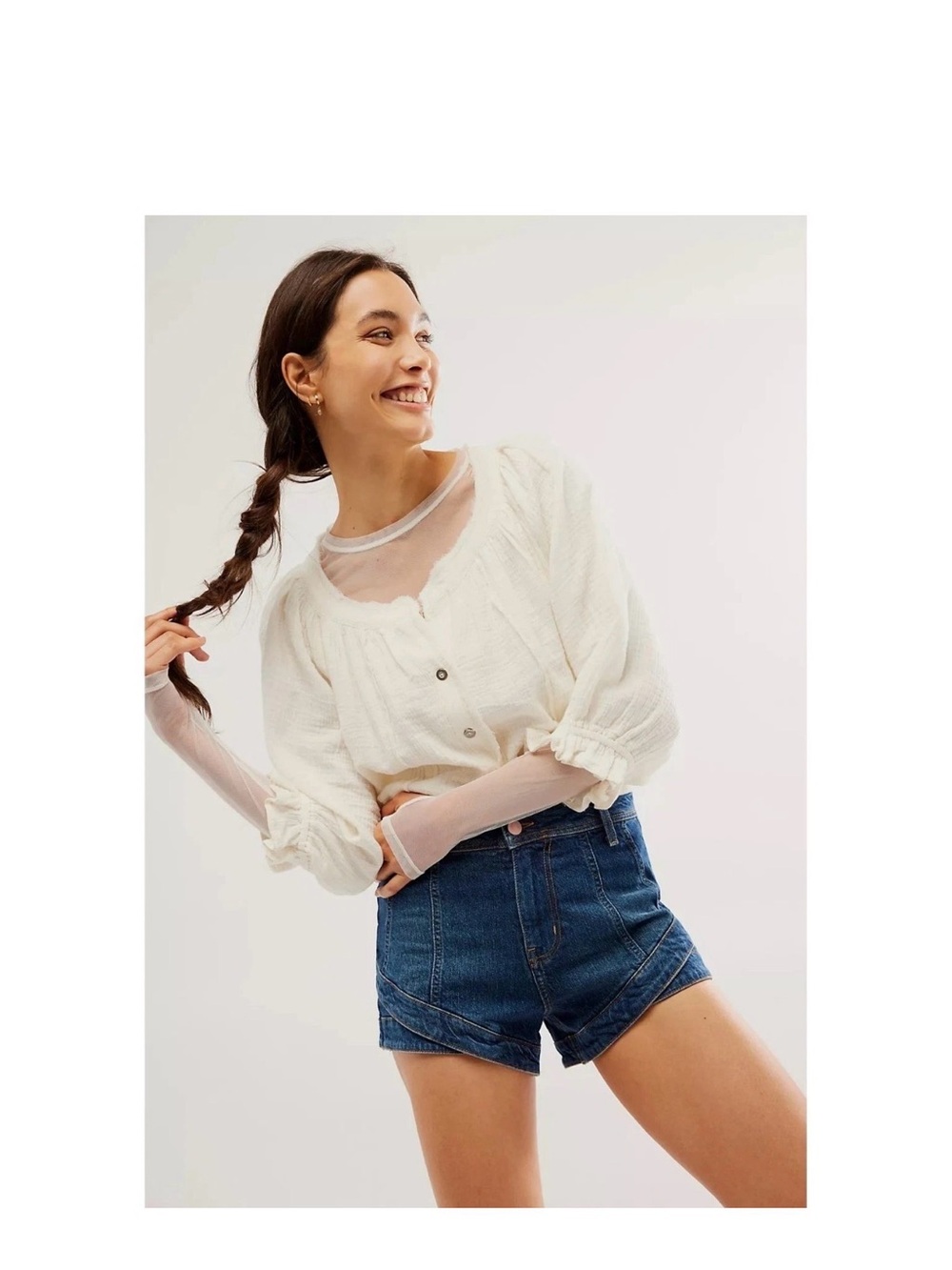 Free People We The Free Lucy Solid Shirt Blouse Top Ruffle Buttondown Medium